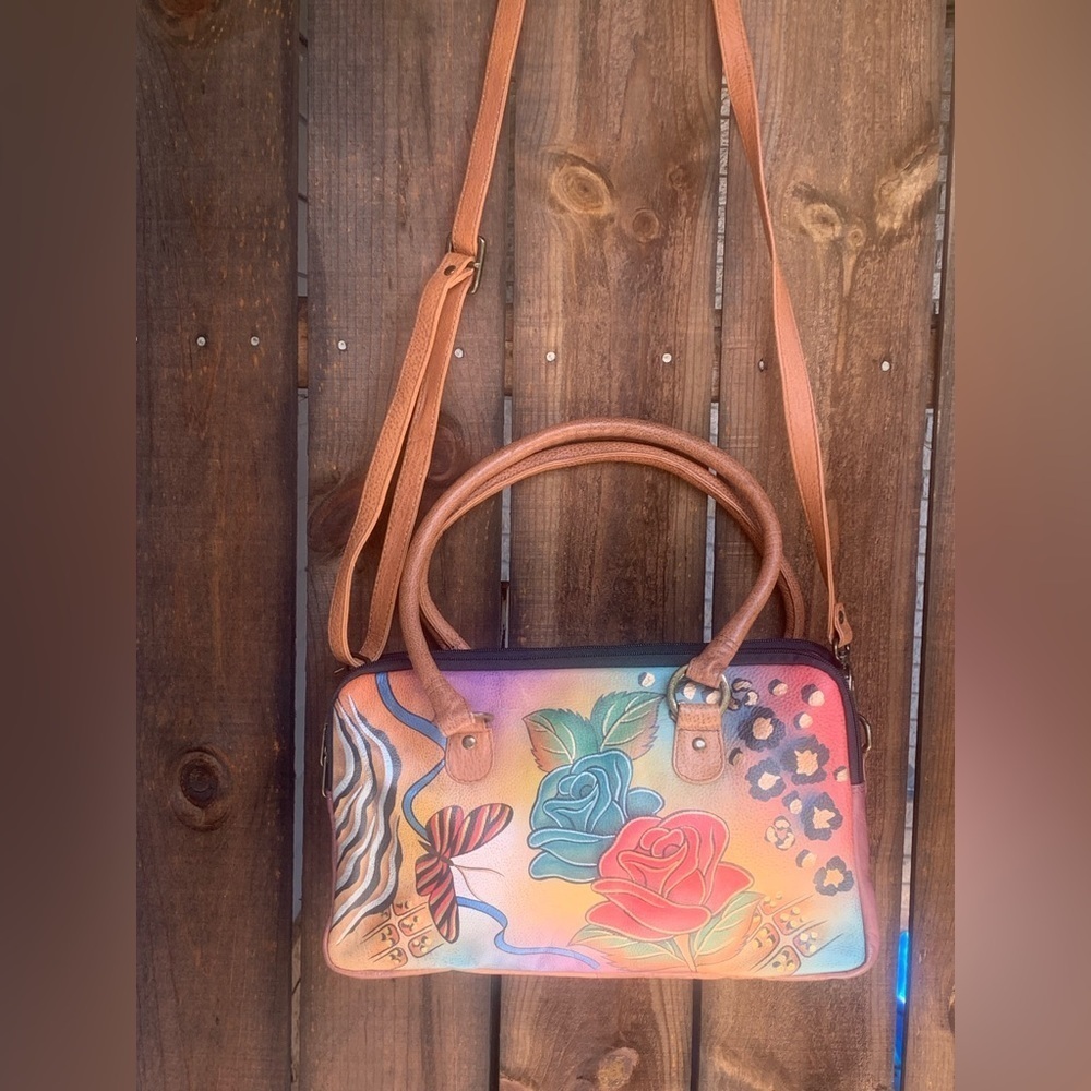 ANUSCHKA Women's Hand Painted Leather Rose Safari Satchel Bag w/ Shoulder Strap - Picture 5 of 11